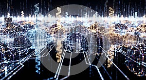Glowing data landscape with digital DNA structures
