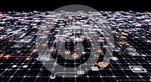 Abstract digital network visualization with interconnected data points and glowing symbols in a modern design