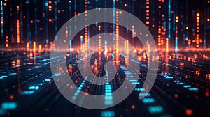 Glowing data stream with neon lines and digital code