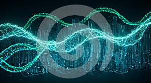 Glowing data streams flow over a futuristic smart city