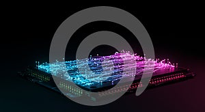 Glowing data streams move on a futuristic CPU