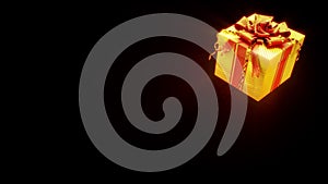 glowing decorated goldish and red giftbox on black, isolated - object 3D rendering