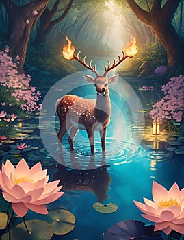 A glowing deer with fire horns in the lotus pond, trees and flowers, mysterius forest, 3D, wallpaper