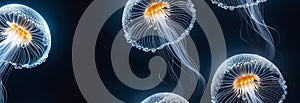 glowing diamond jellyfish floating in underwater environment, dark blue backdrop. concepts: jewelry advertisement