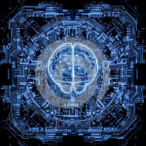 Glowing digital brain embedded in a high-tech processor microchip