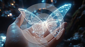A glowing, digital butterfly rests gently on a hand