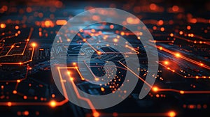 Glowing digital circuit board with illuminated pathways and futuristic technology elements