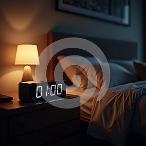 Glowing Digital Clock at 0100 on Nightstand
