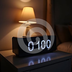 Glowing Digital Clock at 0100 on Nightstand