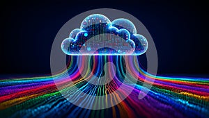 Digital Cloud Computing Concept with Rainbow Data Streams on Dark Background technology network