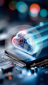 Glowing digital cloud icon emerging from a microchip with neon streams of data