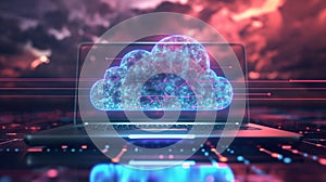 Neon Cloud Computing Network Streaming Data Through Laptop Interface