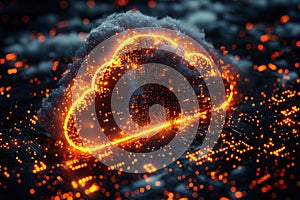 Glowing digital cloud representation with vibrant orange lights symbolizing cloud computing and data storage