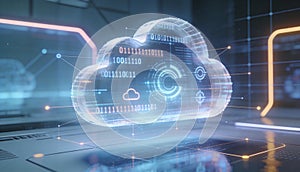 Futuristic digital cloud for cloud computing and storage with glowing data streams and binary code for virtual infrastructure