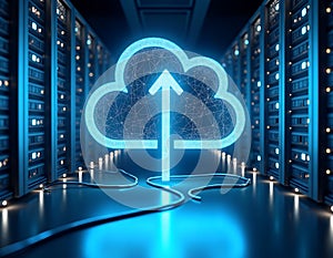 Glowing digital cloud with upward arrow in server room cloud computing data center