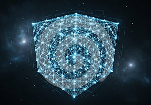 A glowing, digital cube composed of interconnected blue points