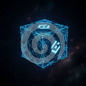 A glowing digital cube is depicted in a dark space background. The cube is composed