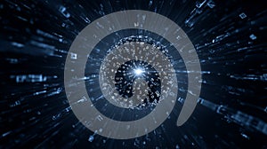 Glowing digital data sphere with binary flow