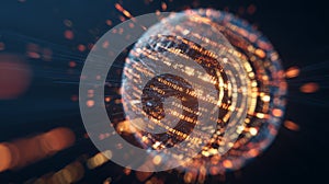 Glowing digital data sphere with binary flow