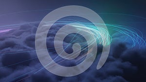Glowing digital data streams flow through abstract cloud network, symbolizing modern technology