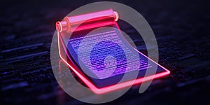 glowing digital document on circuit board background, symbolizing security