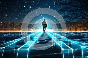 Glowing digital footprints, with person managing the path from futuristic device. Creative visualization of users