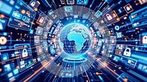 Glowing Digital Globe Surrounded by Network Data and Security Icons