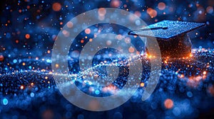 Glowing digital graduation cap made of tiny light particles on a futuristic data landscape, symbolizing virtual learning photo