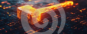 Glowing Digital Hammer on Circuit Board Technology Code Innovation Power