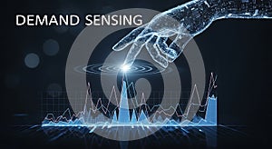 Futuristic digital hand interacts with glowing data visualization representing demand sensing technology