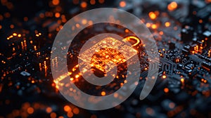 A glowing digital key amidst a network of circuits, symbolizing cybersecurity and data access. Security and protection