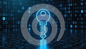 Glowing digital key with binary code background. Data security encryption access to cyberspace, networks, protection, online