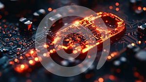 A glowing digital key on a circuit board, symbolizing cybersecurity and data access