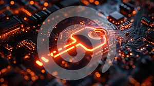 A glowing digital key on a circuit board, symbolizing cybersecurity and data access.