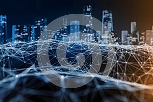 Glowing digital landscape of interconnected lines and dots, evoking a high-tech cityscape.