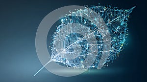 Glowing digital leaf with luminous circuit board pattern and floating particles