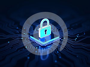 Glowing Digital Lock on Microchip â Cybersecurity and Data Protection Concept