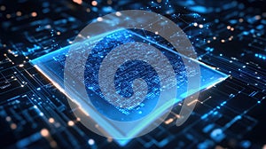 Glowing digital microchip on circuit board, representing data processing and technology