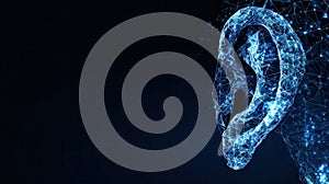 Glowing digital network forming polygonal ear shape, representing technological sound perception and interconnected communication