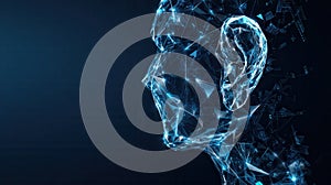 Glowing digital network forming polygonal ear shape, representing technological sound perception and interconnected communication