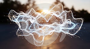 Glowing digital network structure with connecting lines and nodes, representing data