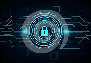 Glowing digital padlock with circuit lines symbolizing cybersecurity, data protection, encryption, and secure network technology