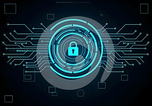 Glowing digital padlock with circuit lines symbolizing cybersecurity, data protection, encryption, and secure network technology