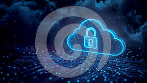 Glowing digital padlock hovering over stylized cloud icon.