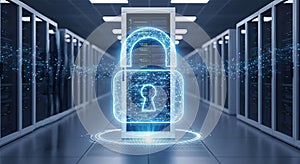 Digital padlock symbolizing data security and cybersecurity in a server room environment