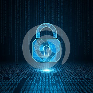 Glowing digital padlock icon on binary code background