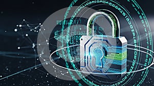 Digital padlock with binary code in futuristic cybersecurity concept
