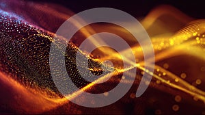 Glowing digital particles forming abstract golden wave data flow