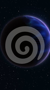 Glowing digital planet with dotted surface texture floating in deep cosmic space with stars