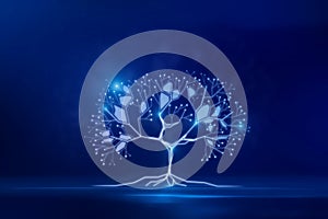 Glowing digital polygonal tree on background. Network, technology and database concept. 3D Rendering